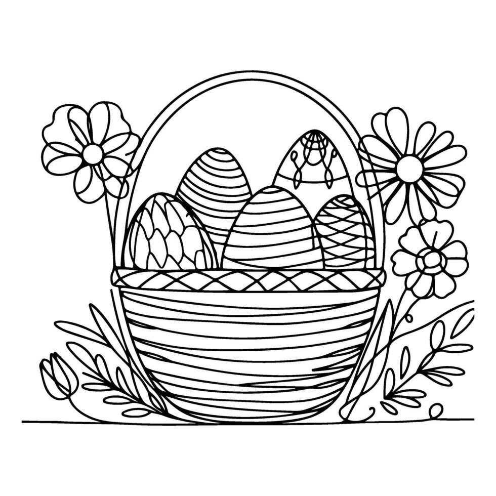 One continuous hand drawing black line basket easter eggs doodle decorated with Many different design for easter egg outline style vector