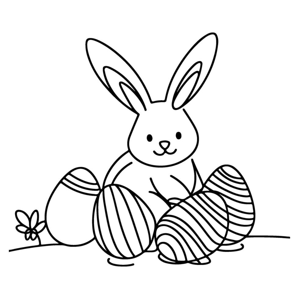 Hand drawn black line art rabbit easter egg doodle coloring linear style vector illustration elements. one continuous line drawing bunny with eggs Editable stroke outline