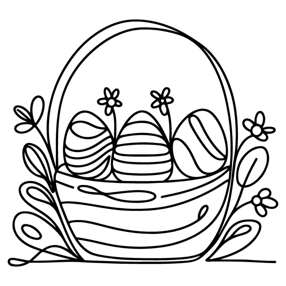 One continuous hand drawing black line basket easter eggs doodle decorated with Many different design for easter egg outline style vector