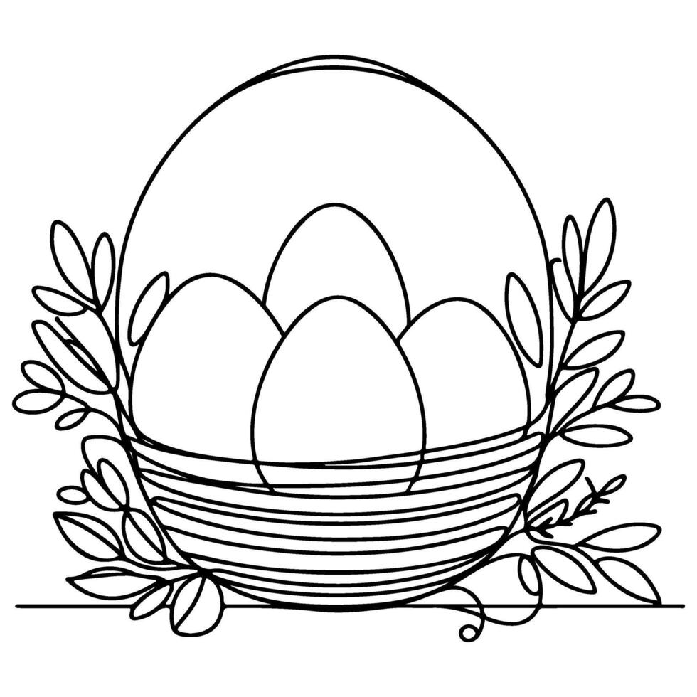 One continuous hand drawing black line basket easter eggs doodle decorated with Many different design for easter egg outline style vector