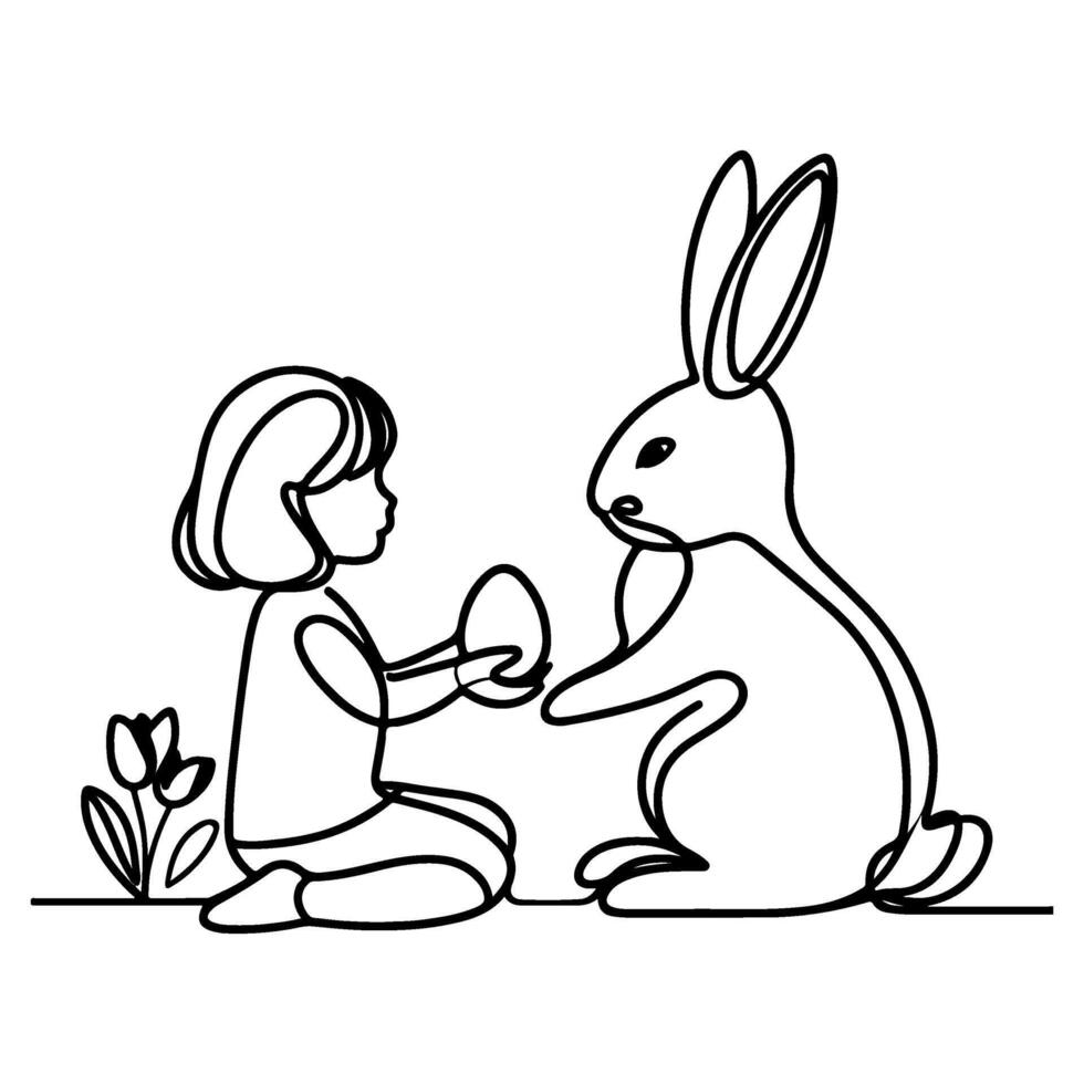 children find and pick up eggs hunt. Hand drawn bunny continuous black line drawing art. Kid carries basket easter egg doodle coloring vector illustration elements.