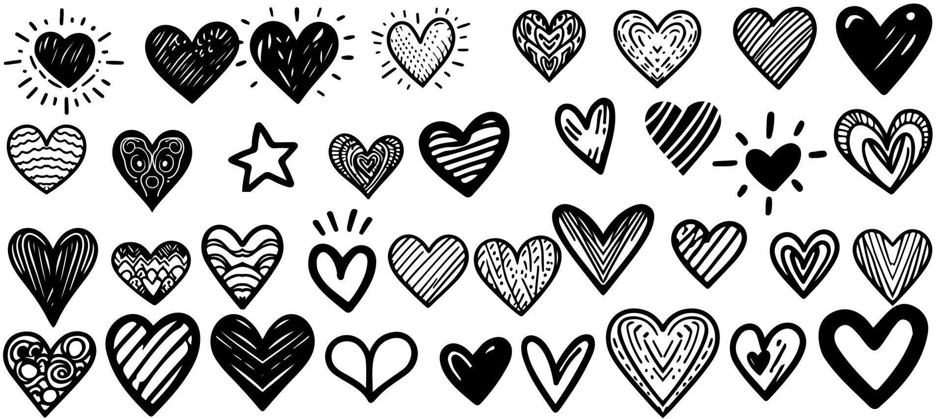 mano dibujado negro garabatear Escribiendo líneas Arte icono diferente corazones forma elementos colección vector