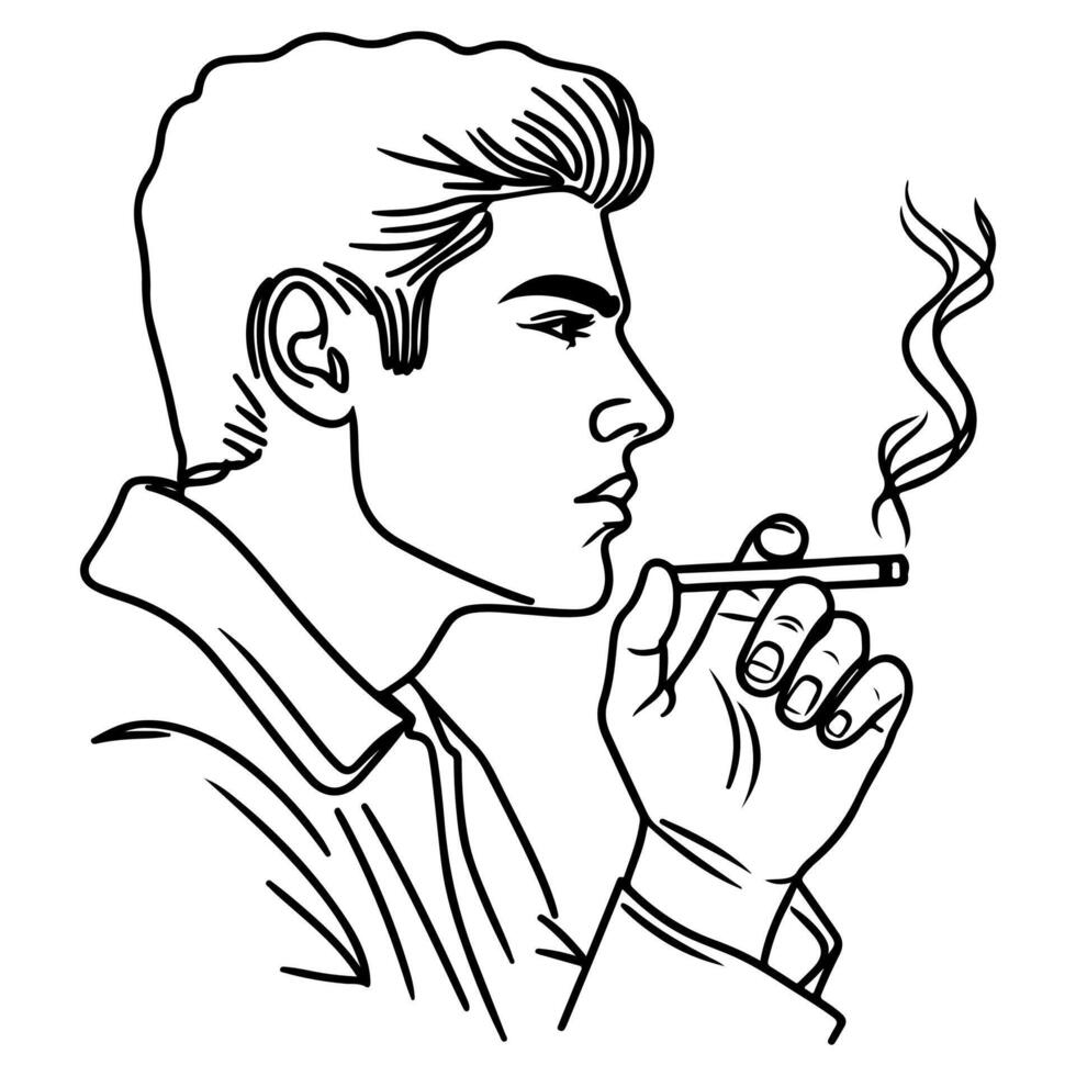 continuous line hand drawing Close up man smoking cigarette vector on white background