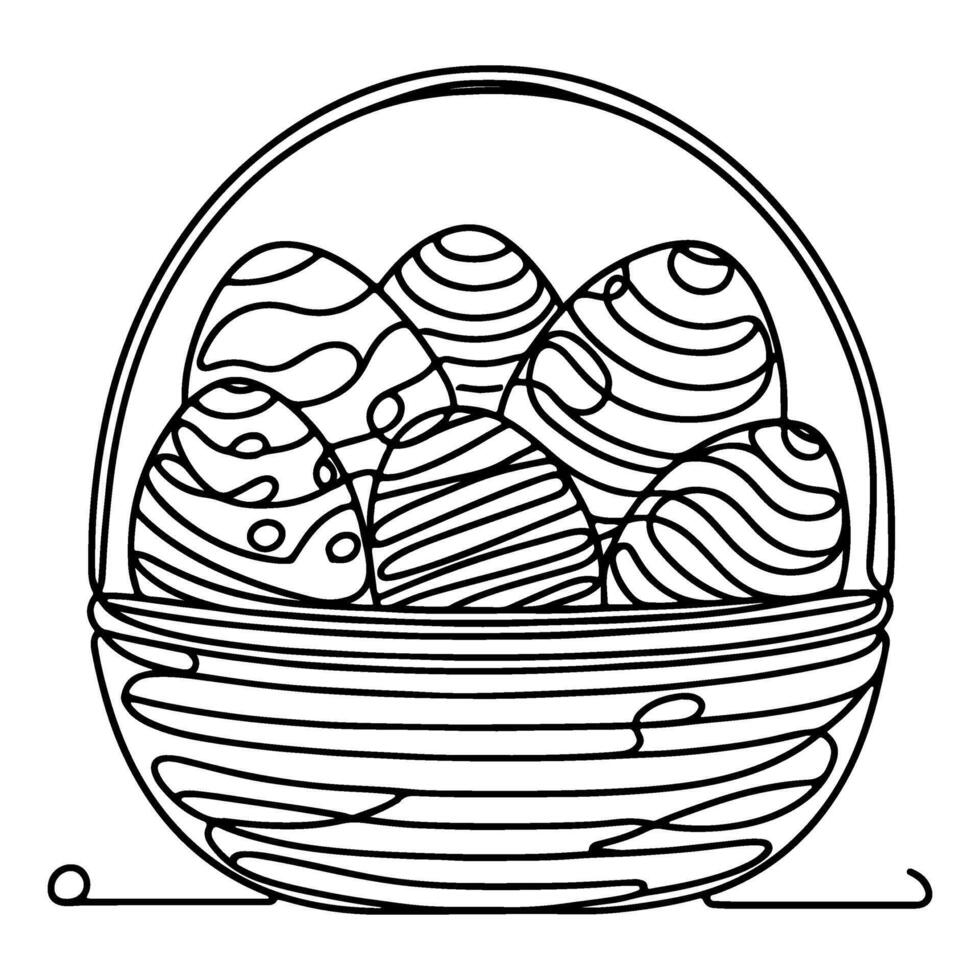 One continuous hand drawing black line basket easter eggs doodle decorated with Many different design for easter egg outline style vector