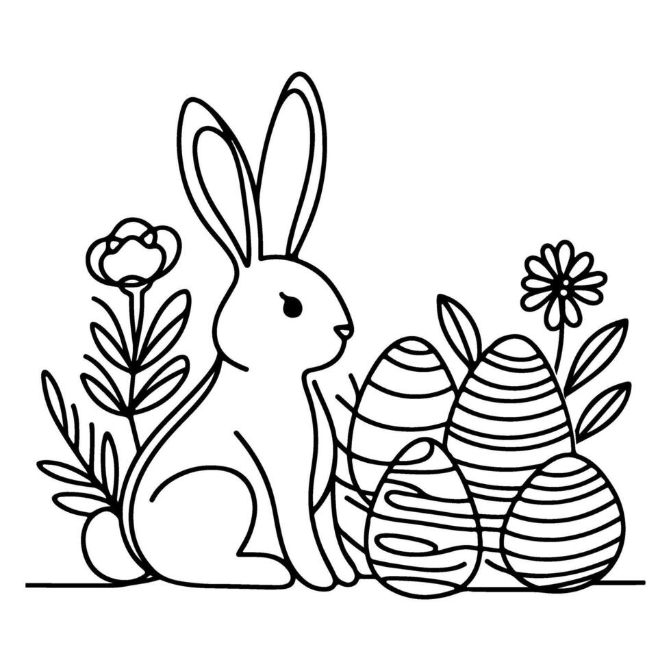 Hand drawn black line art rabbit easter egg doodle coloring linear style vector illustration elements. one continuous line drawing bunny with eggs Editable stroke outline