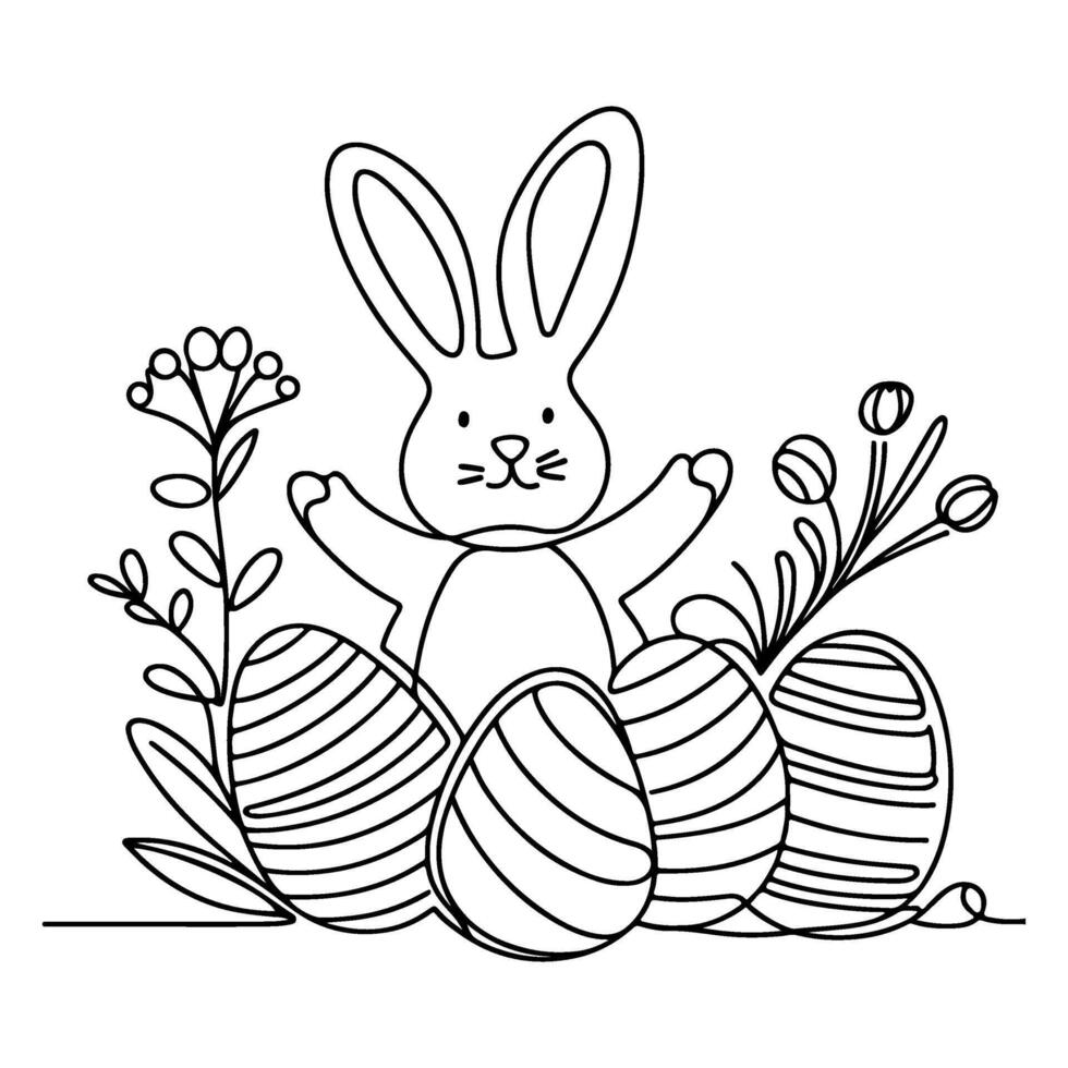 Hand drawn black line art rabbit easter egg doodle coloring linear style vector illustration elements. one continuous line drawing bunny with eggs Editable stroke outline