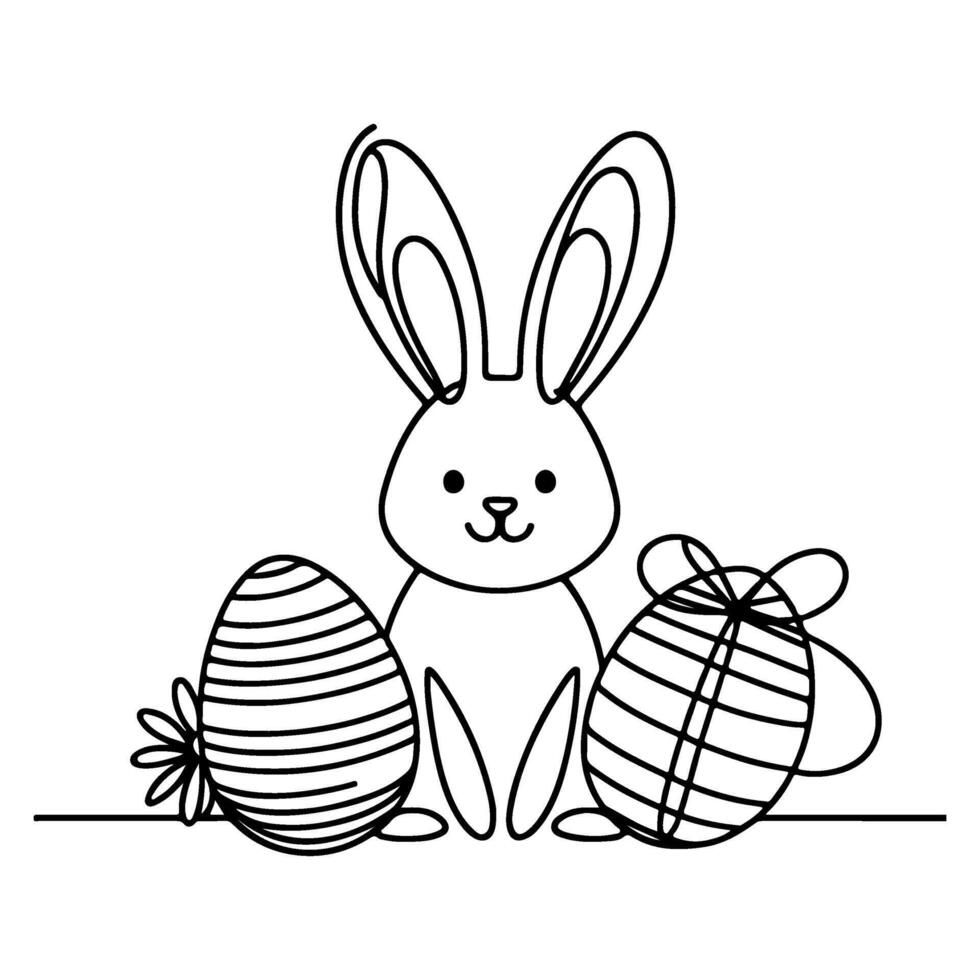 Hand drawn black line art rabbit easter egg doodle coloring linear style vector illustration elements. one continuous line drawing bunny with eggs Editable stroke outline