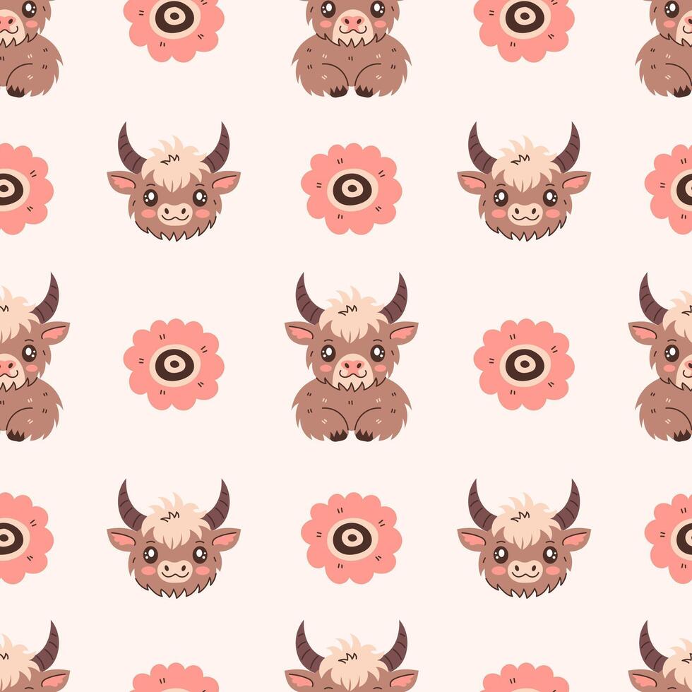 Cute Highland cow seamless pattern with flowers vector