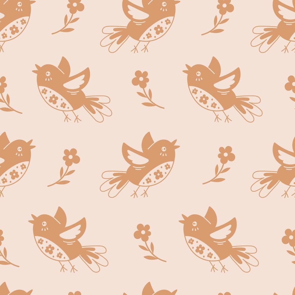 Flying birds and flowers beige seamless pattern vector