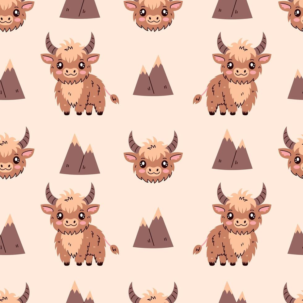 Highland cow and mountains seamless pattern vector