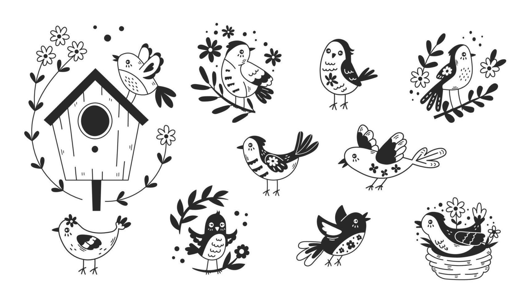 Spring birds doodle set vector