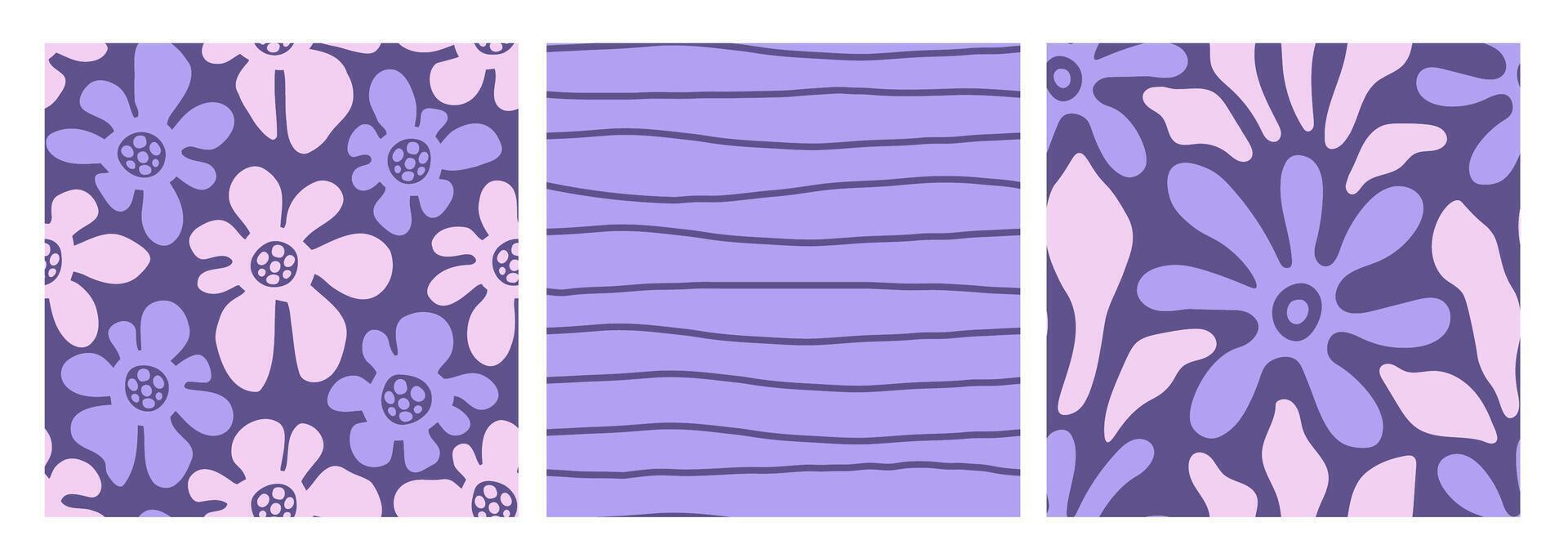 Violeta sin costura patrones conjunto con líneas y flores vector