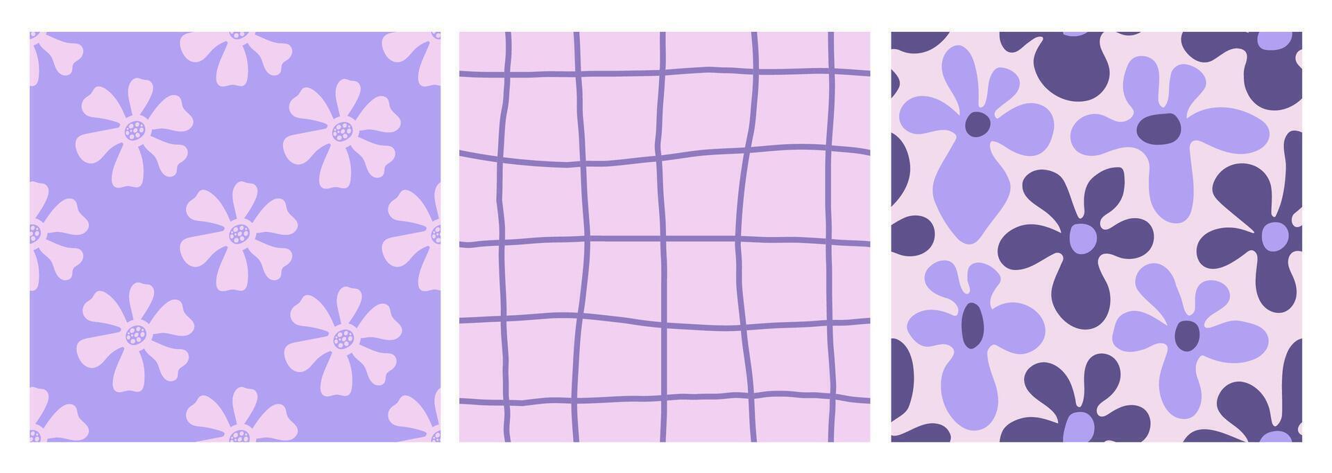 púrpura sin costura patrones conjunto con flores y cuadrícula vector