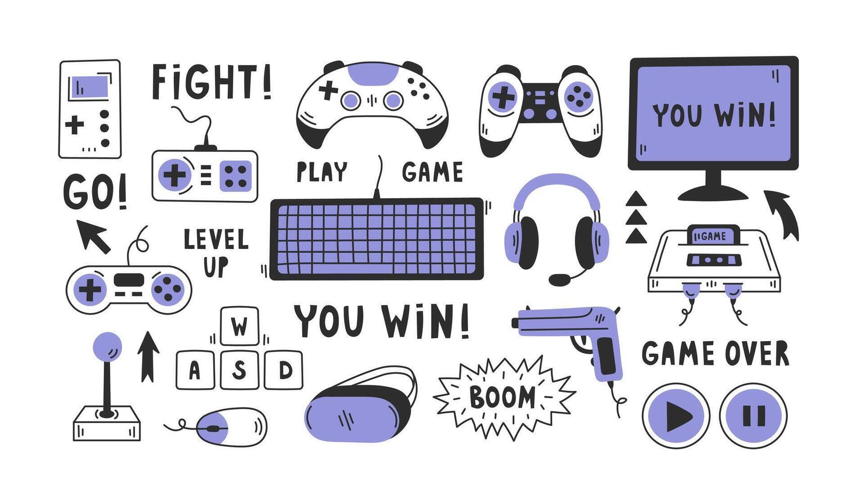 Video games doodle elements set vector