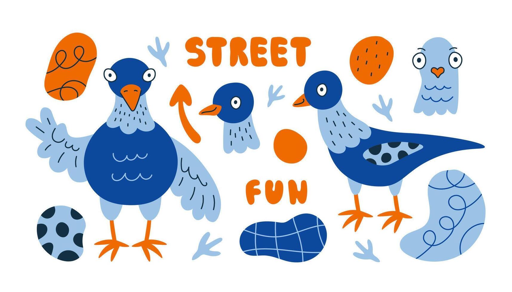 Funny pigeon and abstract shapes set vector