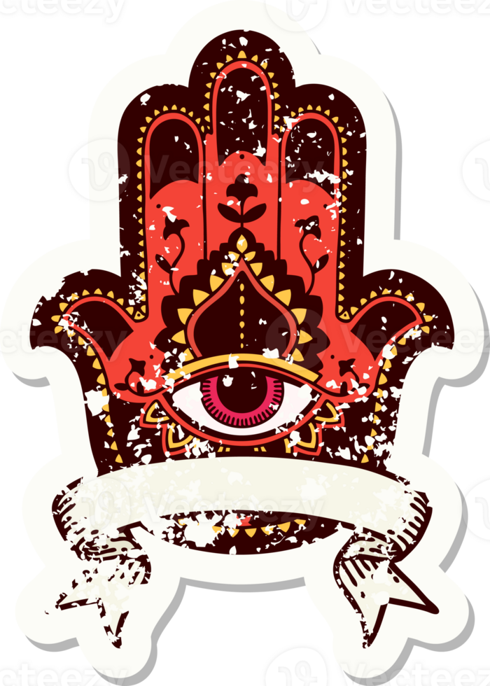 worn old sticker with banner of a hamza png