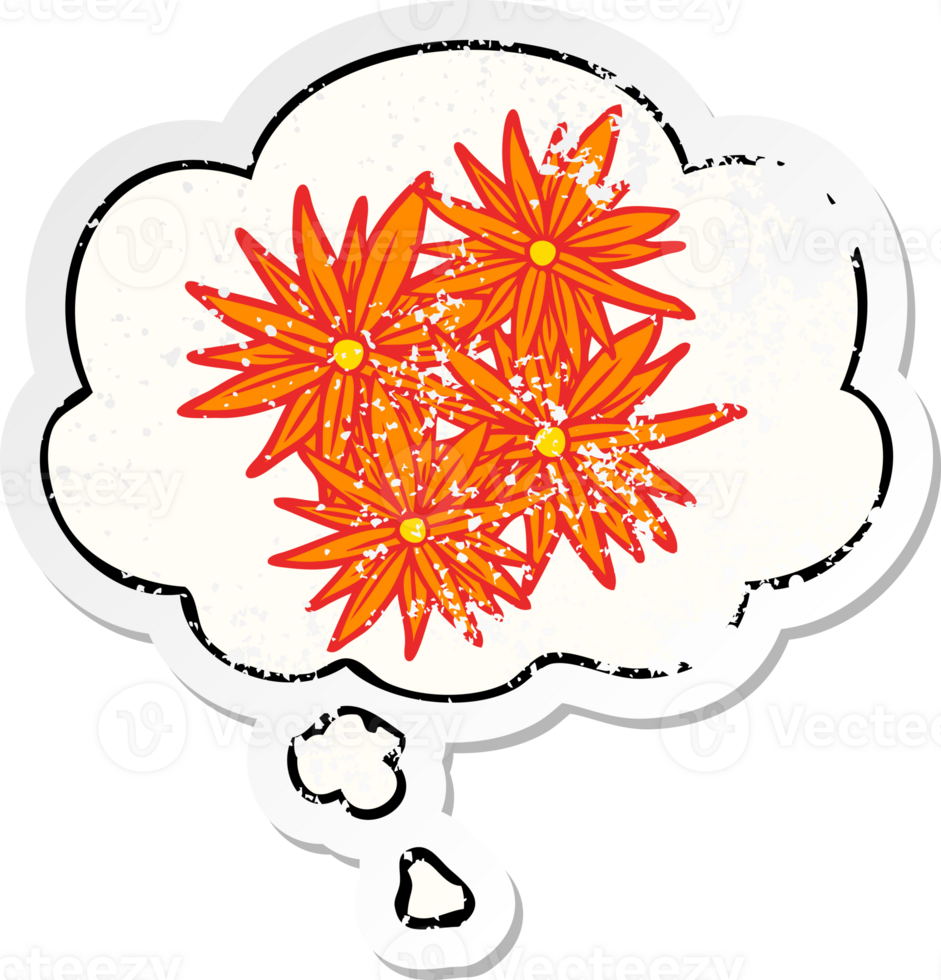 cartoon bright flowers with thought bubble as a distressed worn sticker png
