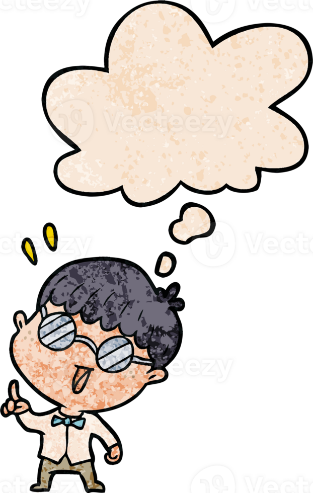 cartoon clever boy with thought bubble in grunge texture style png