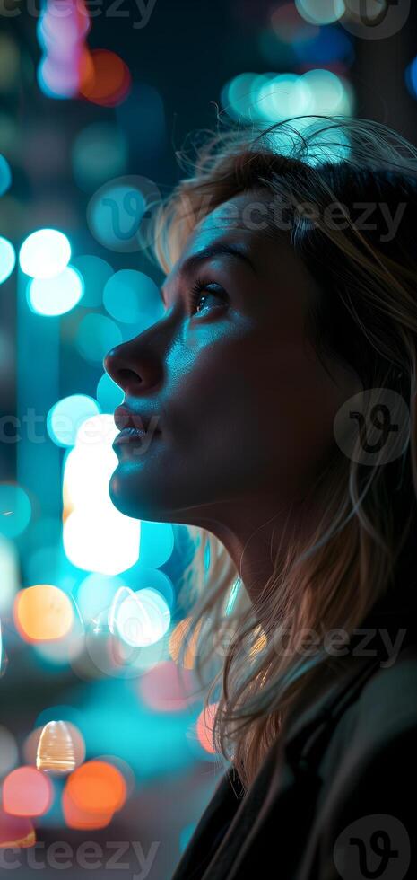 AI generated Close up of a young successful Caucasian business woman looking at the night city with professional cinematic light photo
