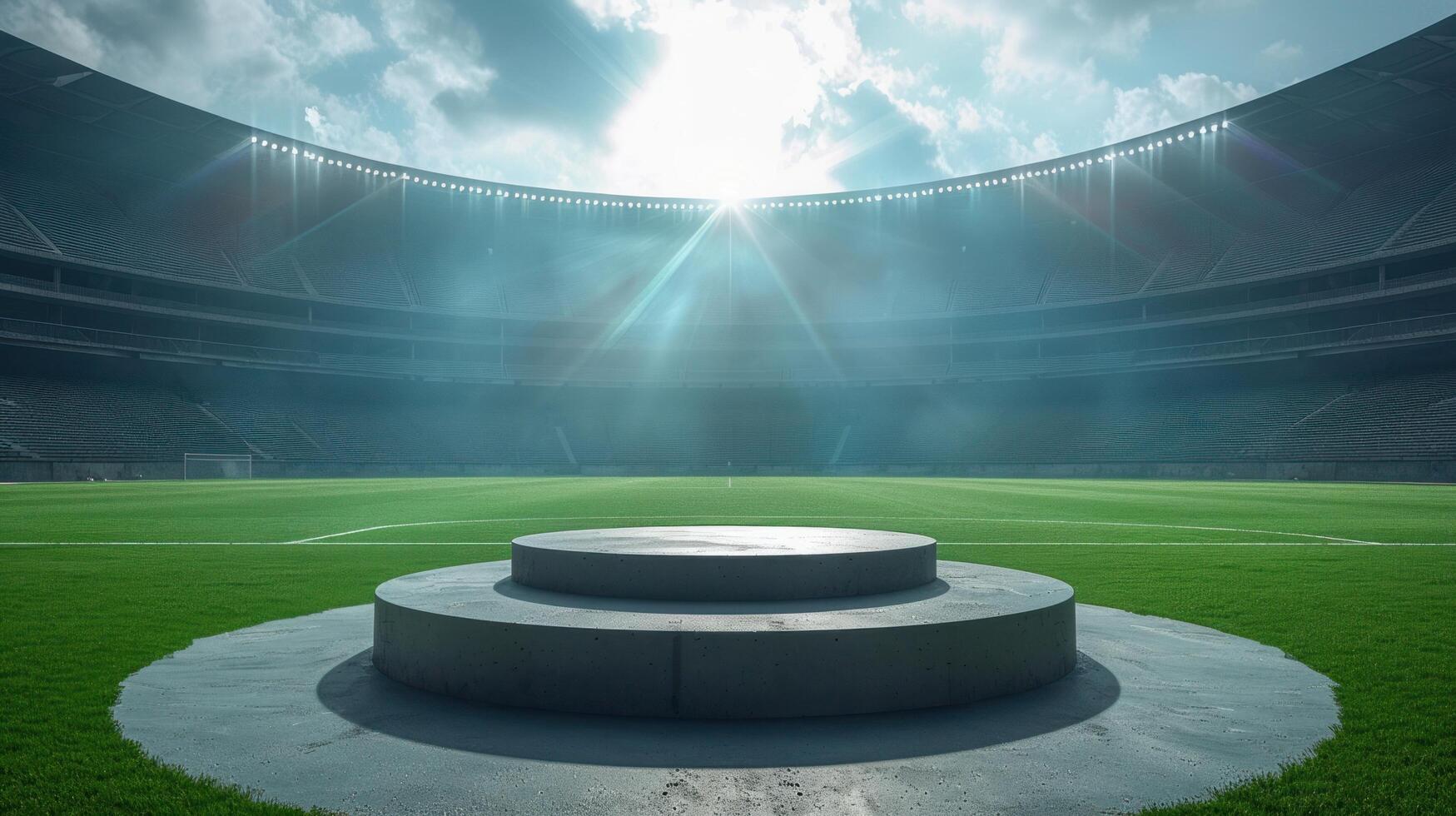 AI generated In the middle of a stadium sits a podium, encircled by empty seats and flashes of light photo