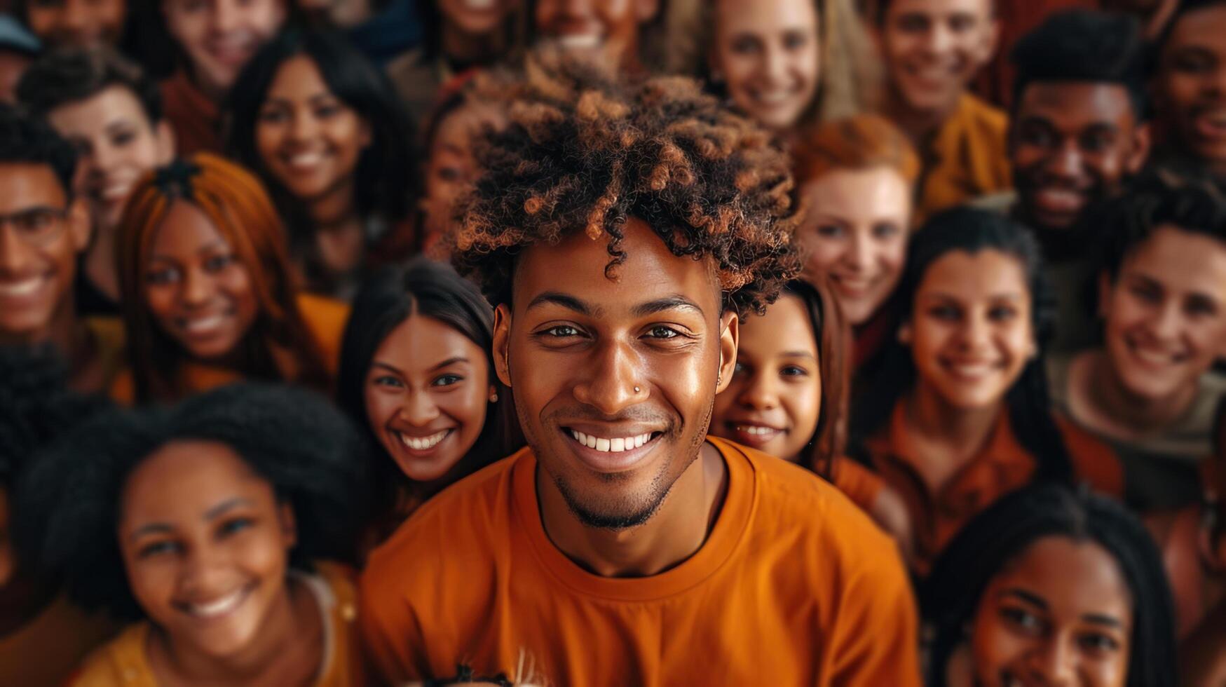 AI generated A high-angle shot capturing a large, diverse group of people smiling photo