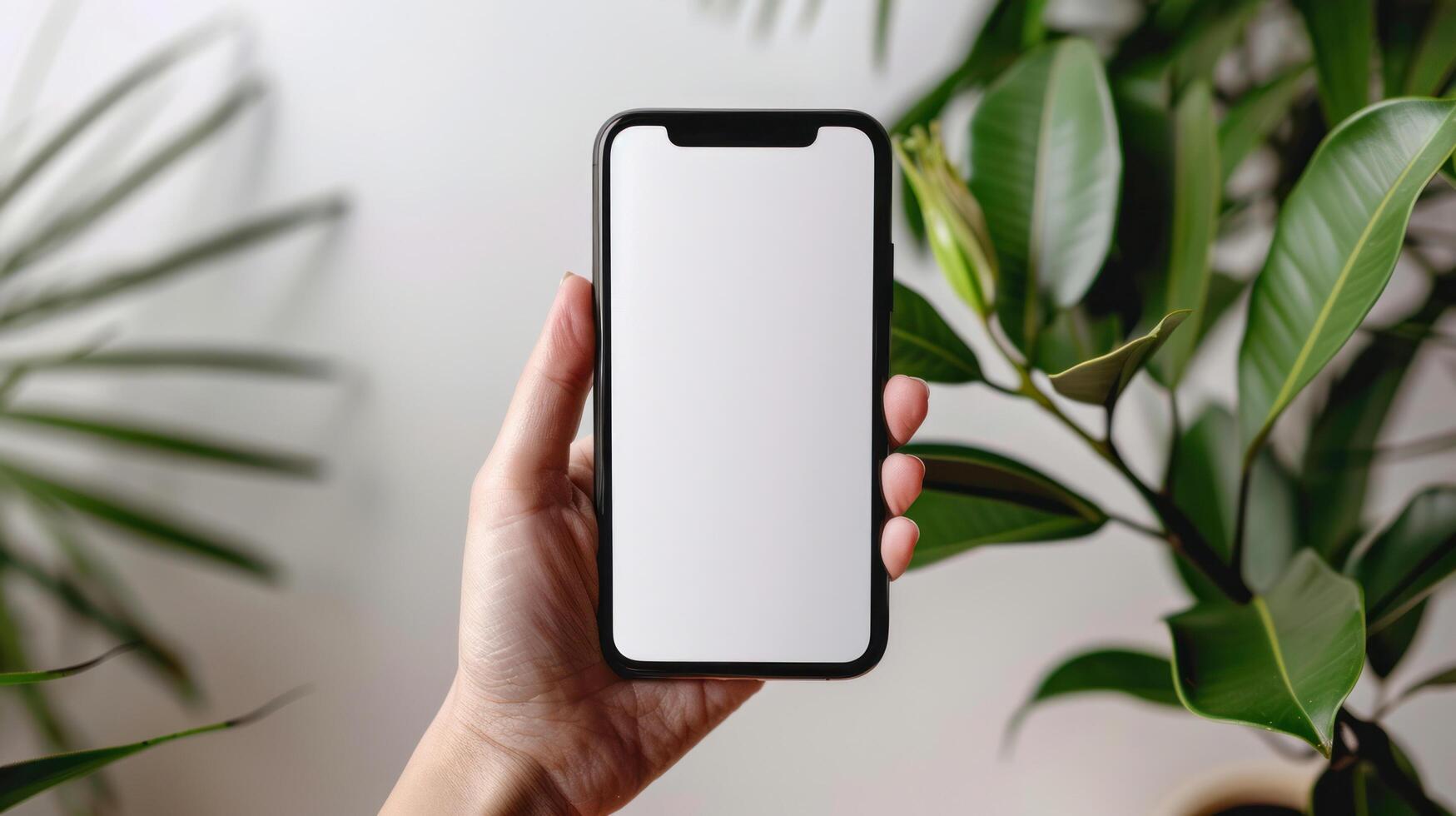 AI generated Close-up hand holding a phone with a blank white screen turned towards the camera. white background photo