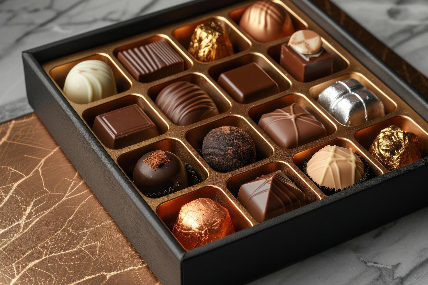 ai generado uno tipo chocolate caja, oro envuelto selección de chocolates en un caja foto