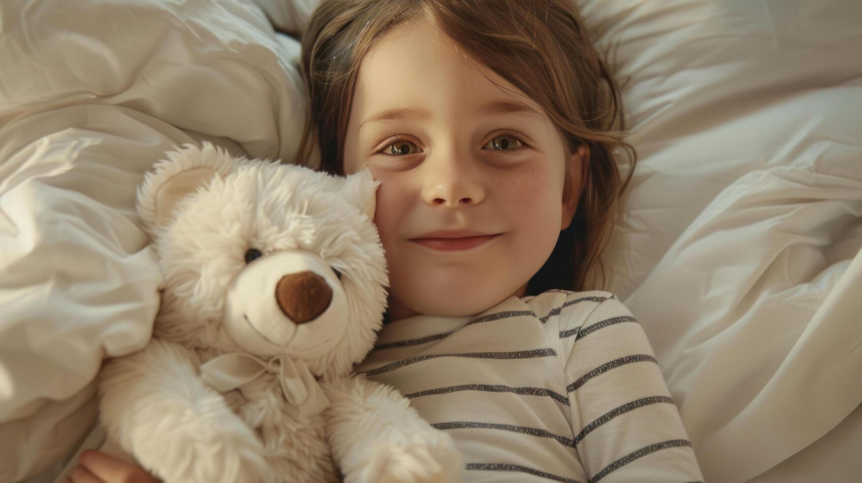 ai generado niño en a rayas pijama acostado en cama participación un osito de peluche oso, mirando contento y acogedor. foto