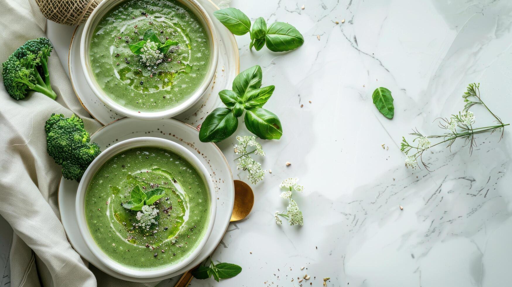 AI generated Beautiful photo of broccoli soup in white plates on a white marble table. Nearby lies a beautiful golden spoon