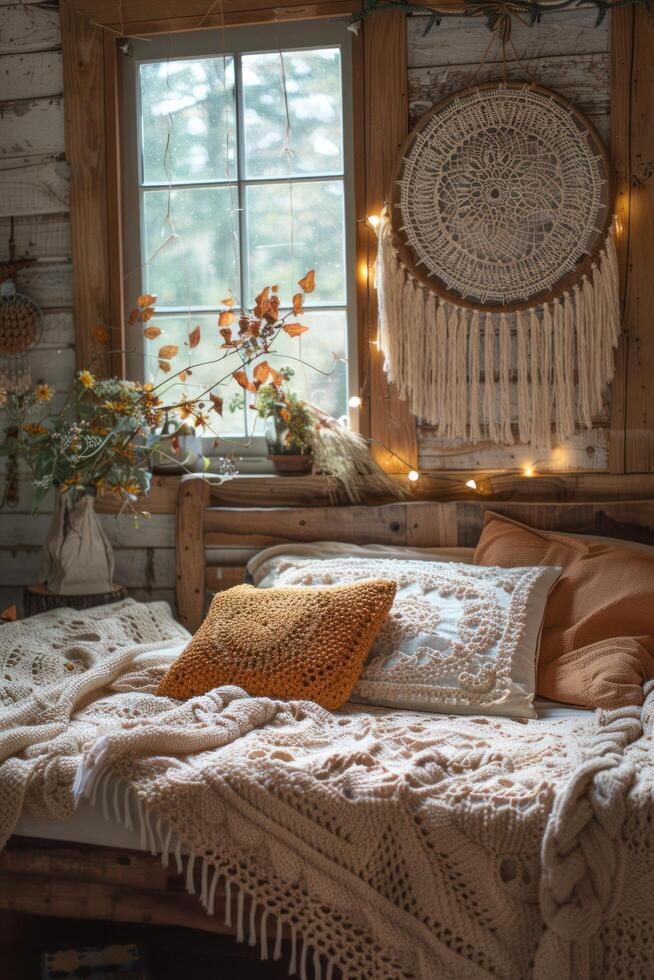 AI generated A dreamcatcher hangs over a wooden bed with a white crocheted bedspread in boho style photo