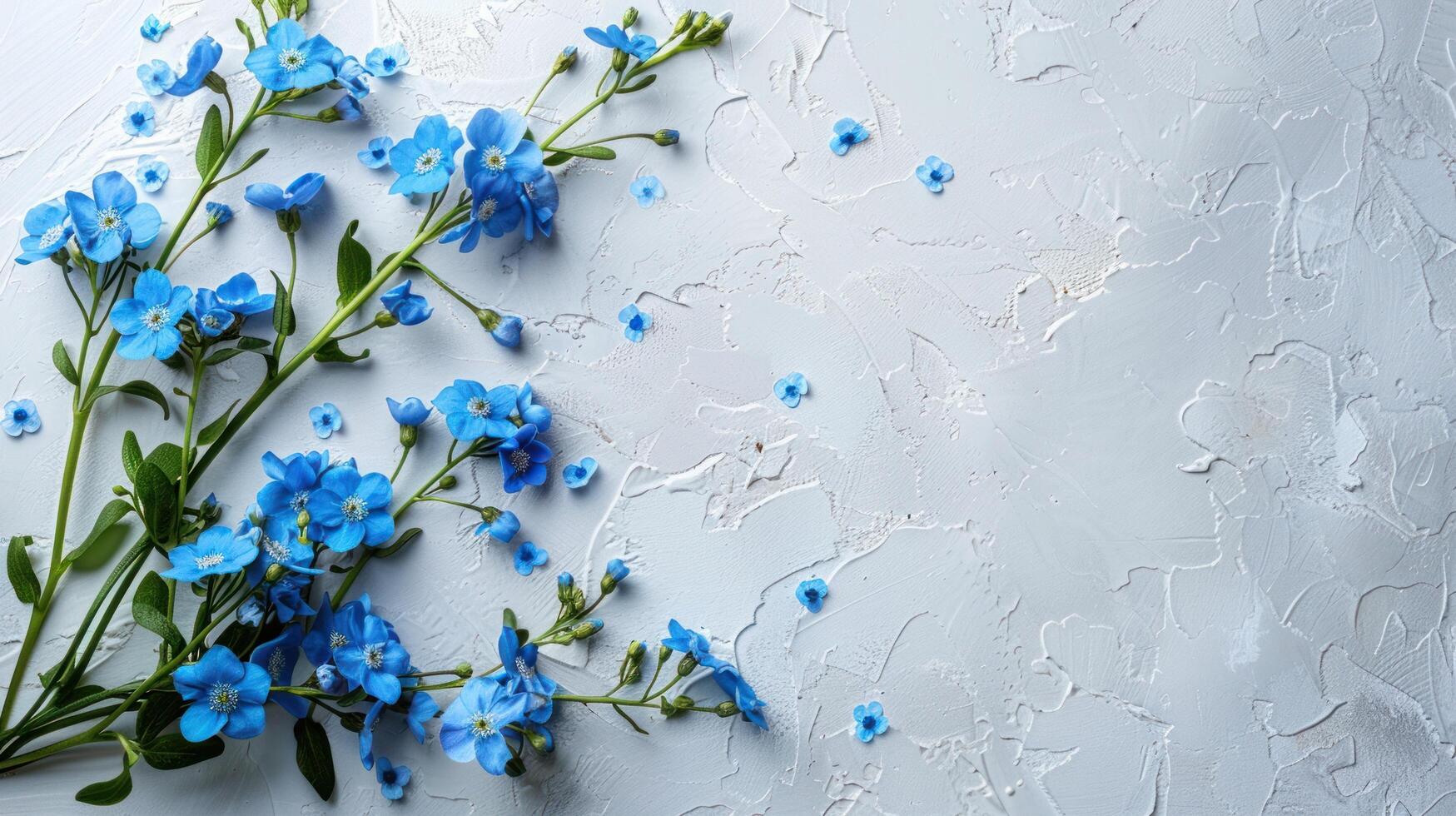 AI generated A bouquet of forget-me-not flowers lies on the left on a white minimalistic background photo