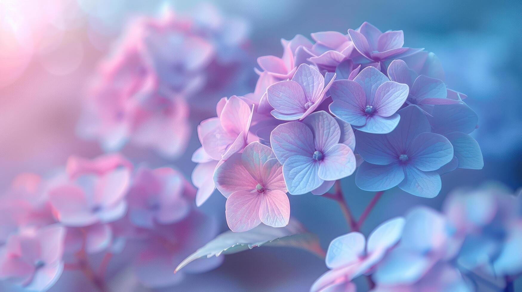 ai generado suave atención floral antecedentes con hortensia flores un delicado natural fondo presentando pastel colores de ligero azul foto