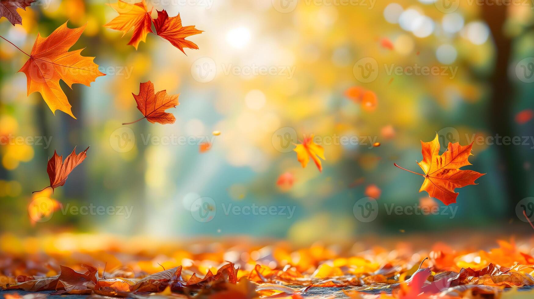 ai generado hermosa otoño ver con vistoso follaje en el parque. que cae hojas antecedentes con Copiar espacio y selectivo enfocar. foto