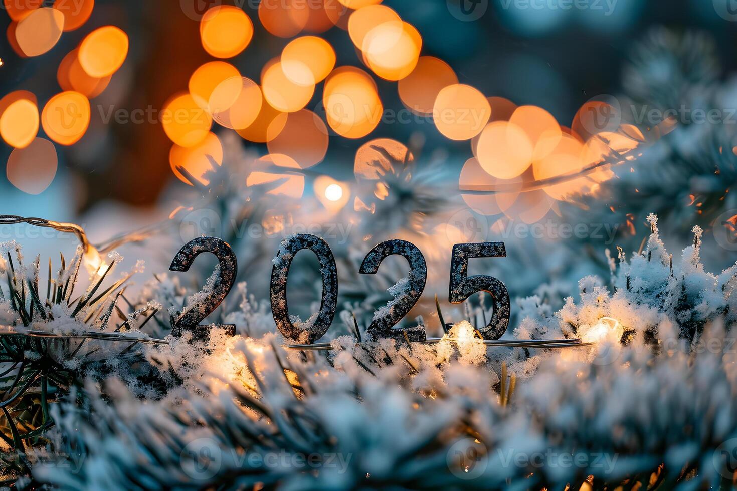 AI generated digits 2025 surrounded with Christmas decorations for new year celebration photo