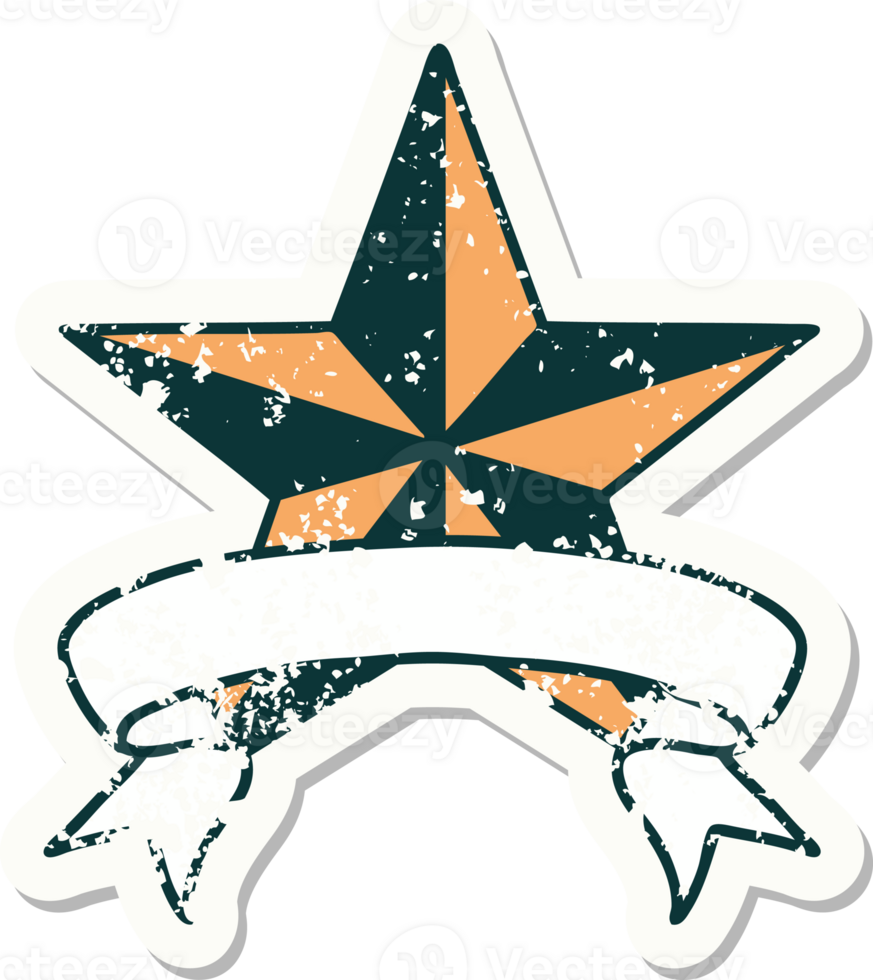 worn old sticker with banner of a star png