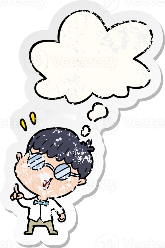 cartoon clever boy with thought bubble as a distressed worn sticker png