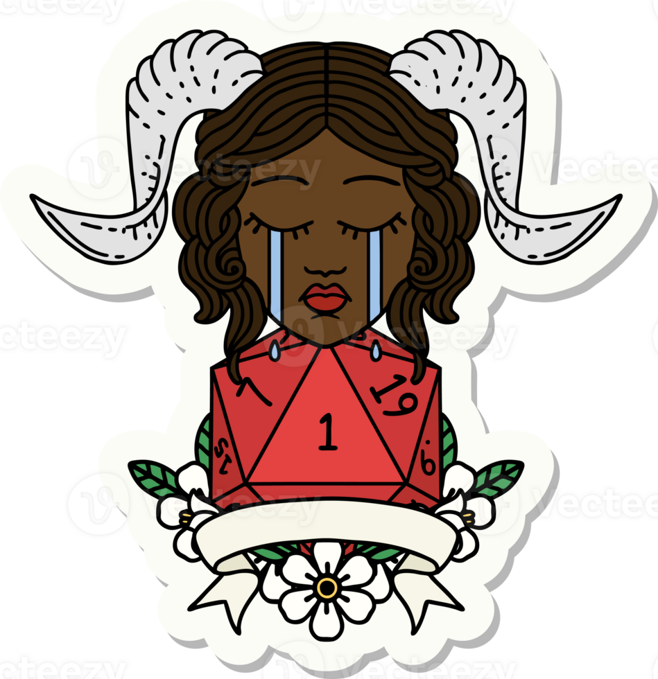 sticker of a crying tiefling with natural one D20 dice roll png