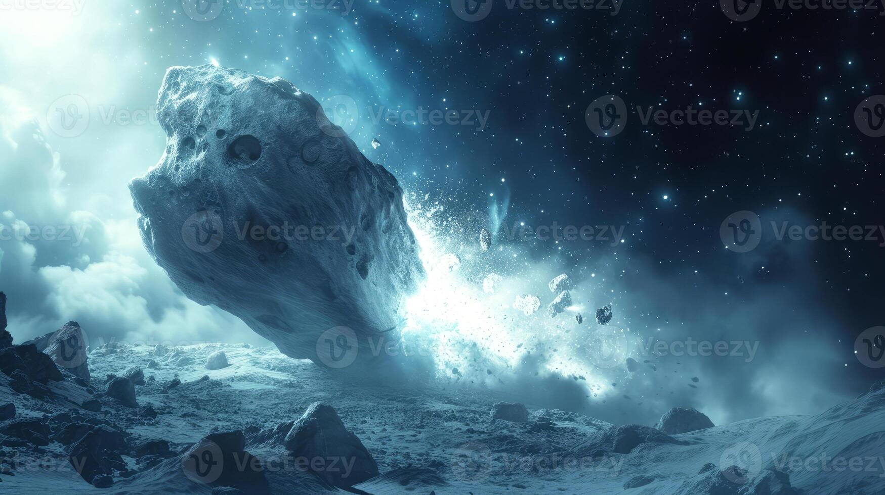 AI generated A danger of space, large asteroid collides with barren, rocky landscape under starry sky. The impact sends debris and dust clouds into space, creating otherworldly scene illuminated photo