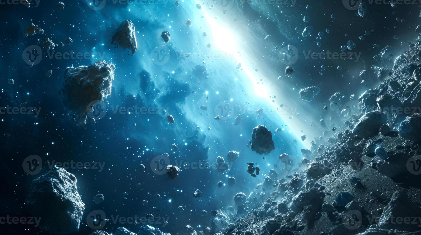 AI generated A danger of space exploration and interplanetary travel, cosmic scene in outer space, where asteroids float against deep blue backdrop. A lot of celestial bodies which are detailed photo
