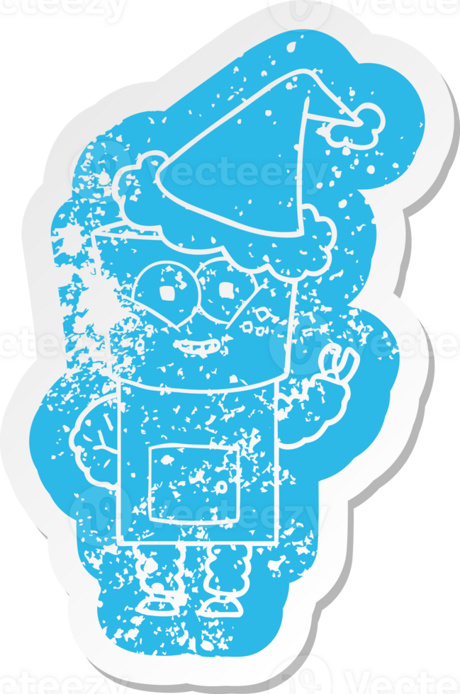 happy quirky cartoon distressed sticker of a robot waving hello wearing santa hat png