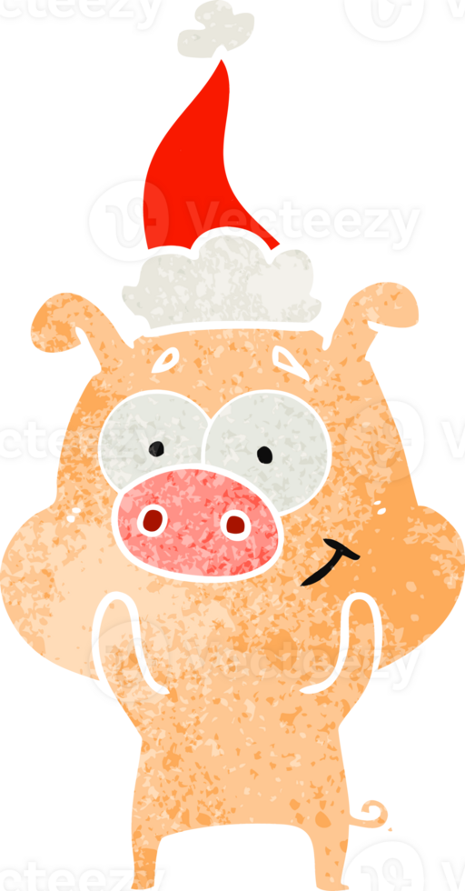 happy hand drawn retro cartoon of a pig wearing santa hat png