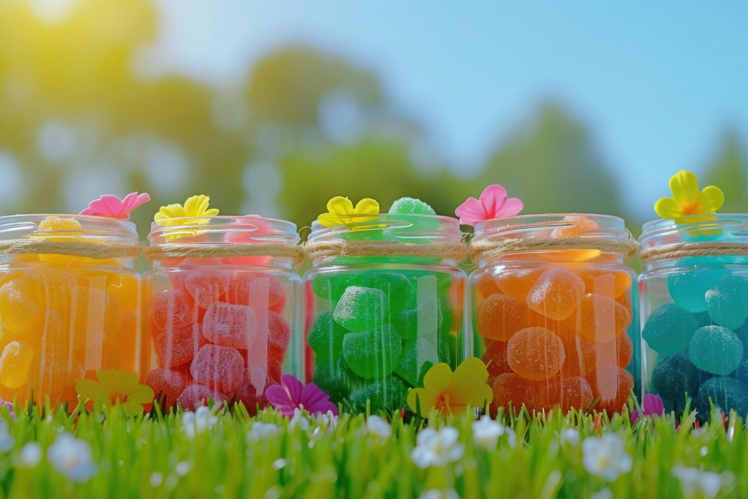AI generated colorful jelly candy in jars near green grass and flower photo