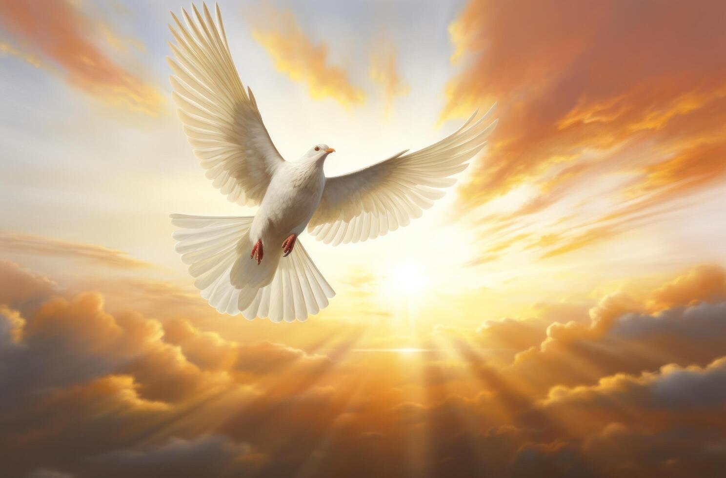AI generated white dove in the sky and sunrays photo