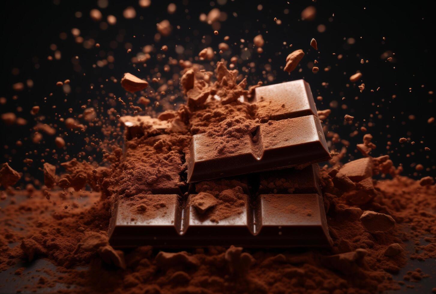 AI generated chocolate bar covered with cinnamon pieces and a piece of powder photo