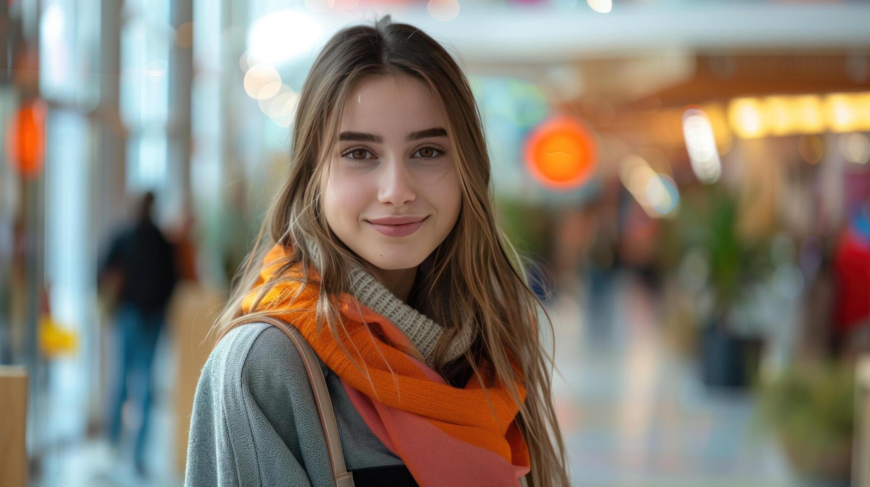 AI generated A beautiful young woman with a bright shopping bag stands and looks smiling at the camera photo