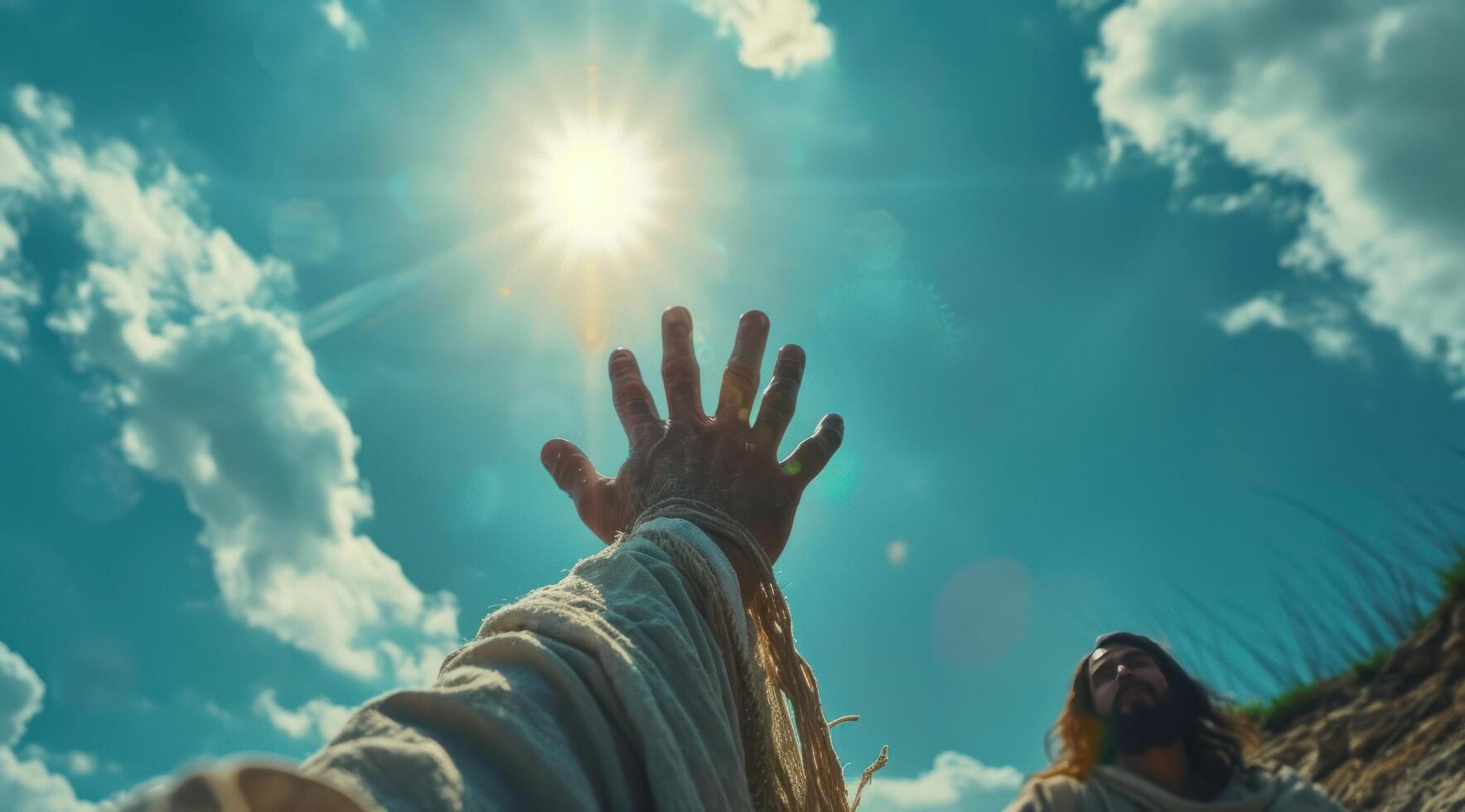 AI generated jesus' hand extended towards the sky photo