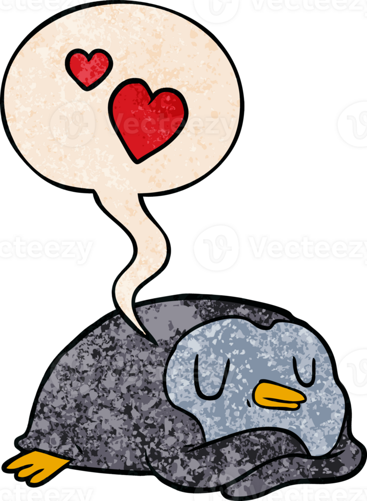 cartoon penguin with love hearts with speech bubble in retro texture style png