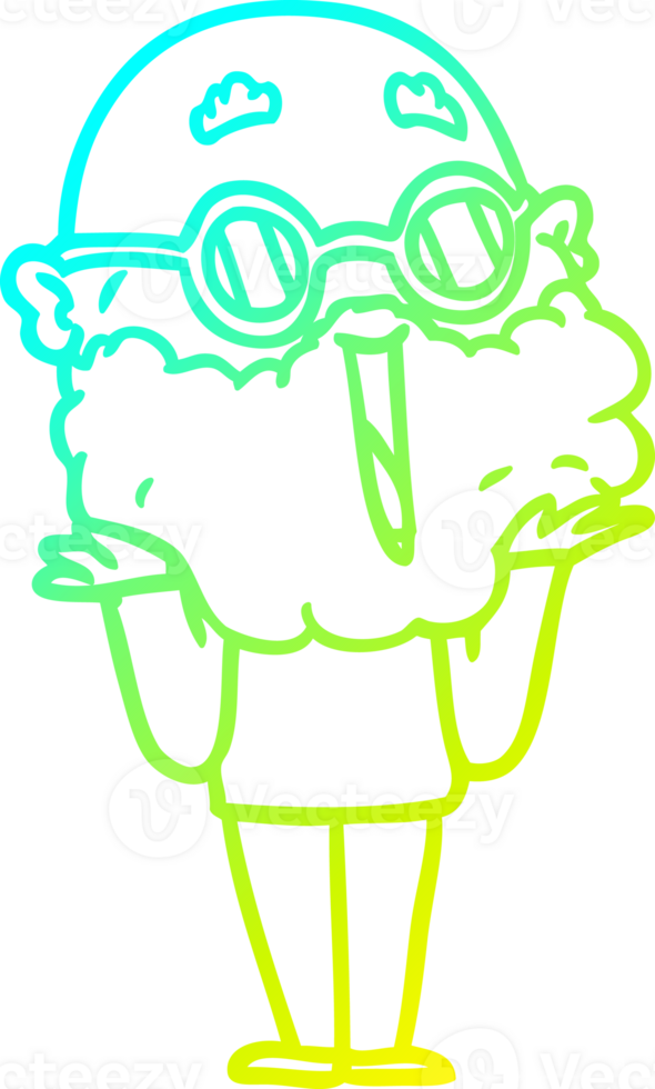 cold gradient line drawing of a cartoon joyful man with beard shrugging png