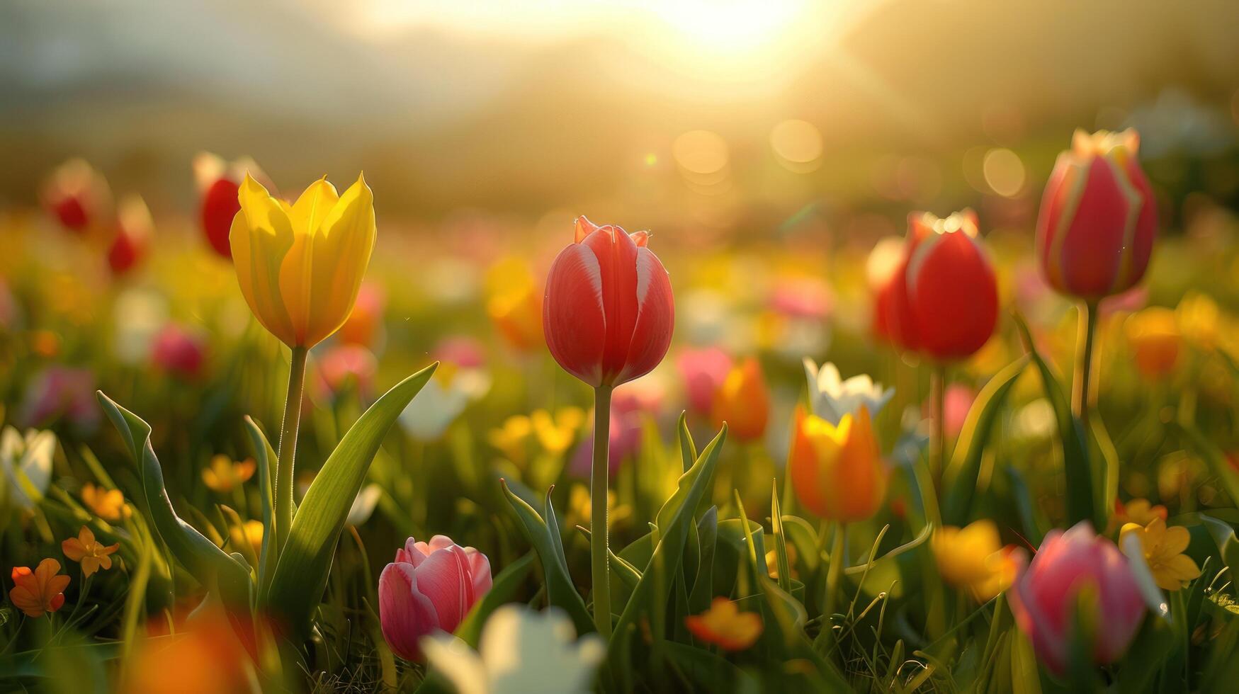 AI generated Easter eggs and tulips in a meadow photo