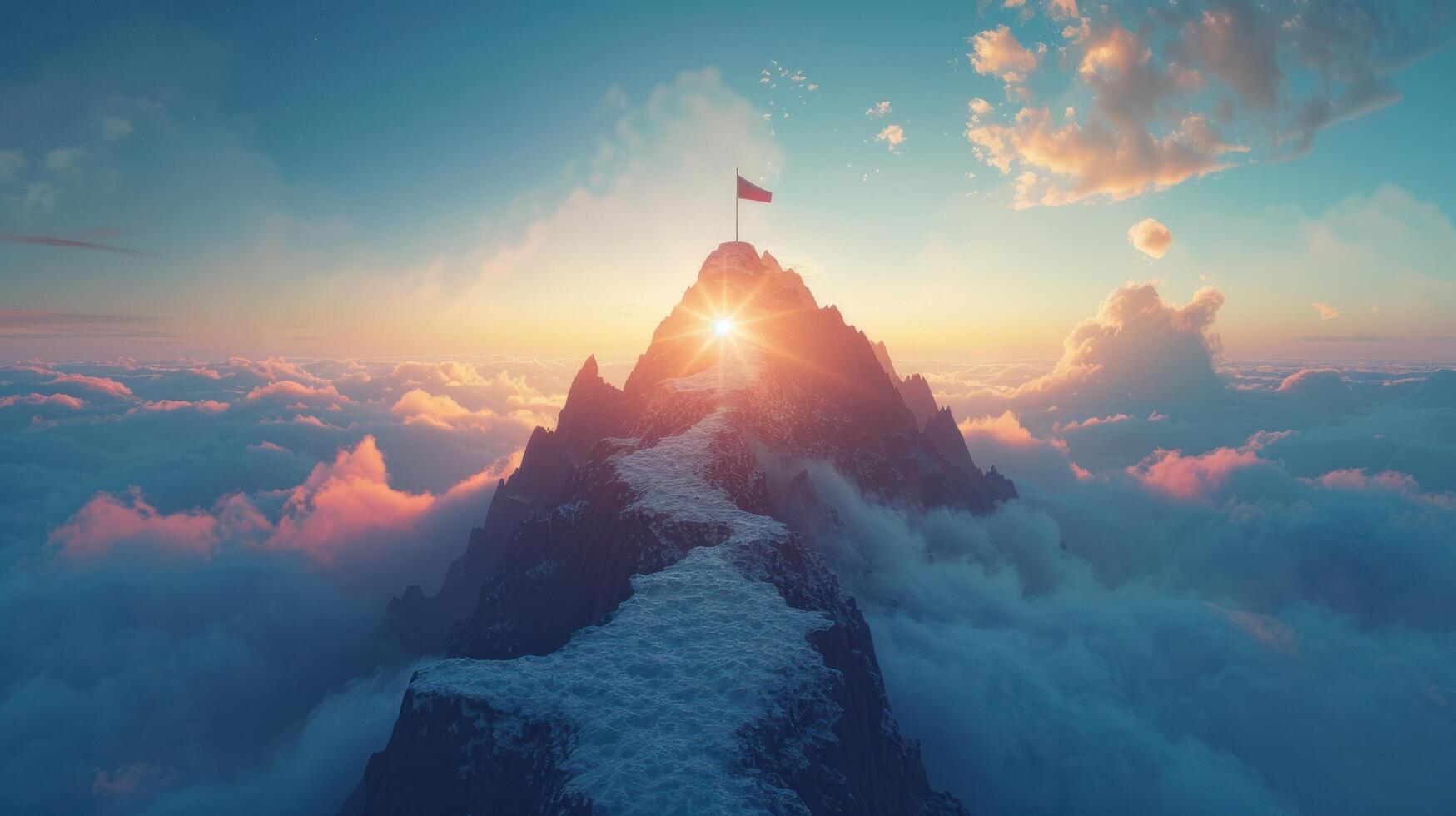 AI generated Concept of a Radiant Path to Success with a Flag on the Peak of a Mountain photo